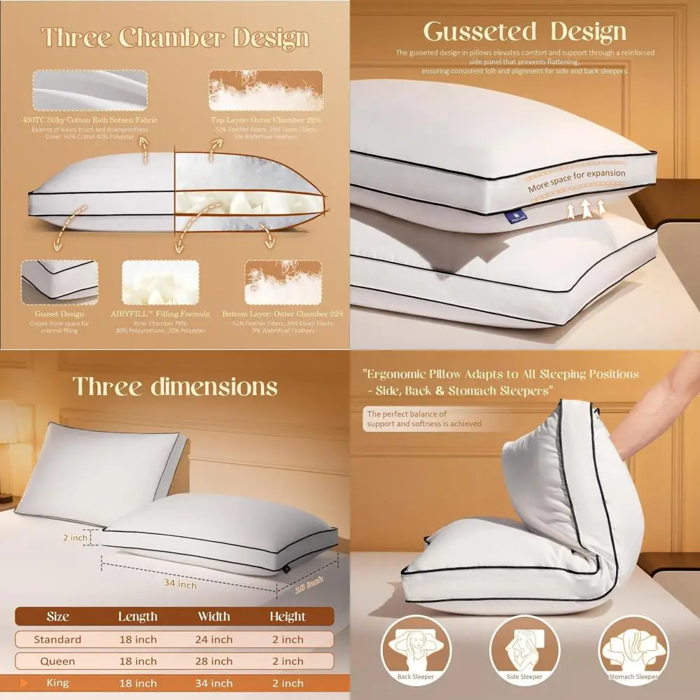 

Набор из 2 роскошных пуховых подушек King Size с бортиком, идеально подходят для сна на боку, на животе и на спине, 18x34x2 дюйма