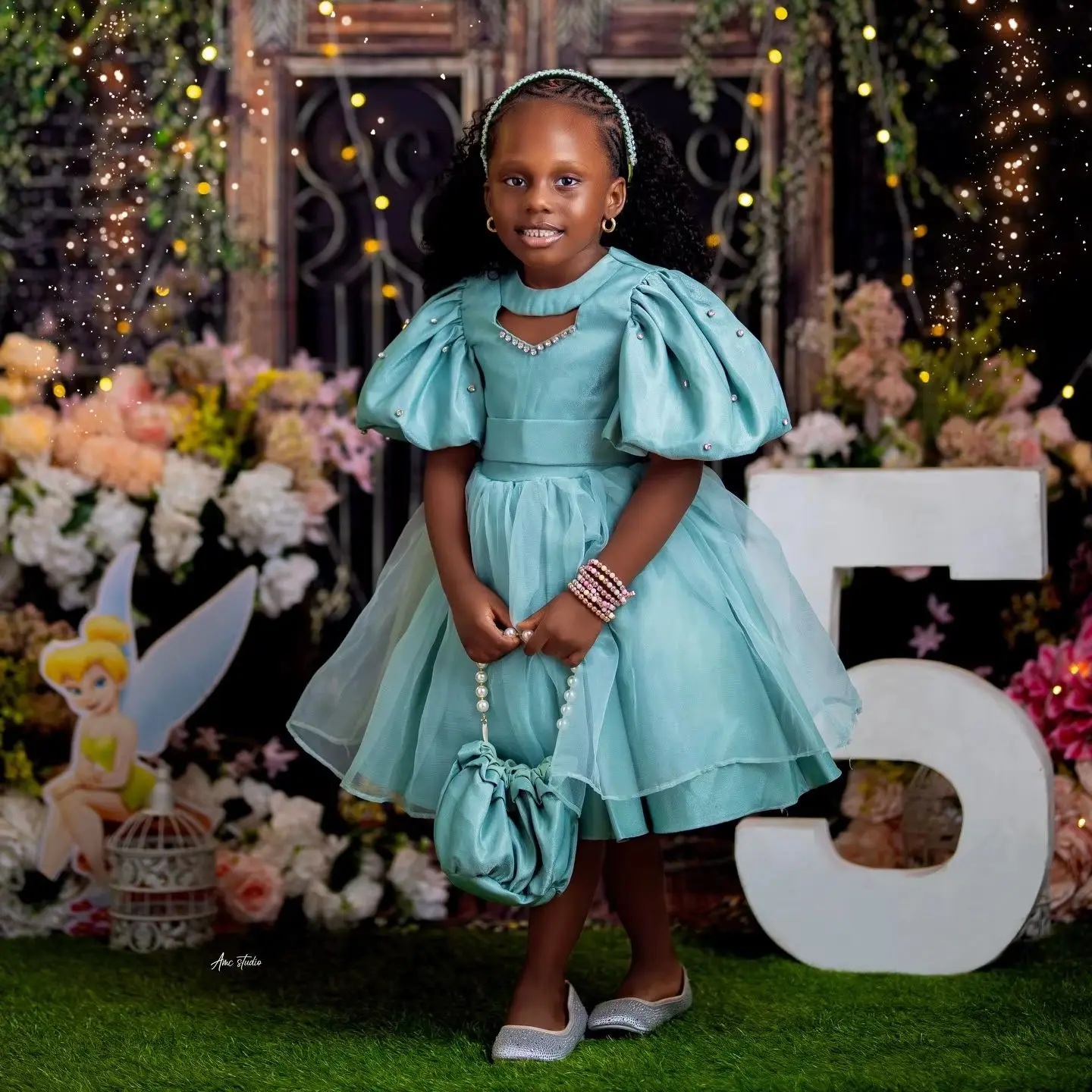 

Turquoise Green Kids Birthday Party Dresses Customized Short Sleeve Pearls Flower Girl Dresses for Wedding Baby Girls Prom Dress