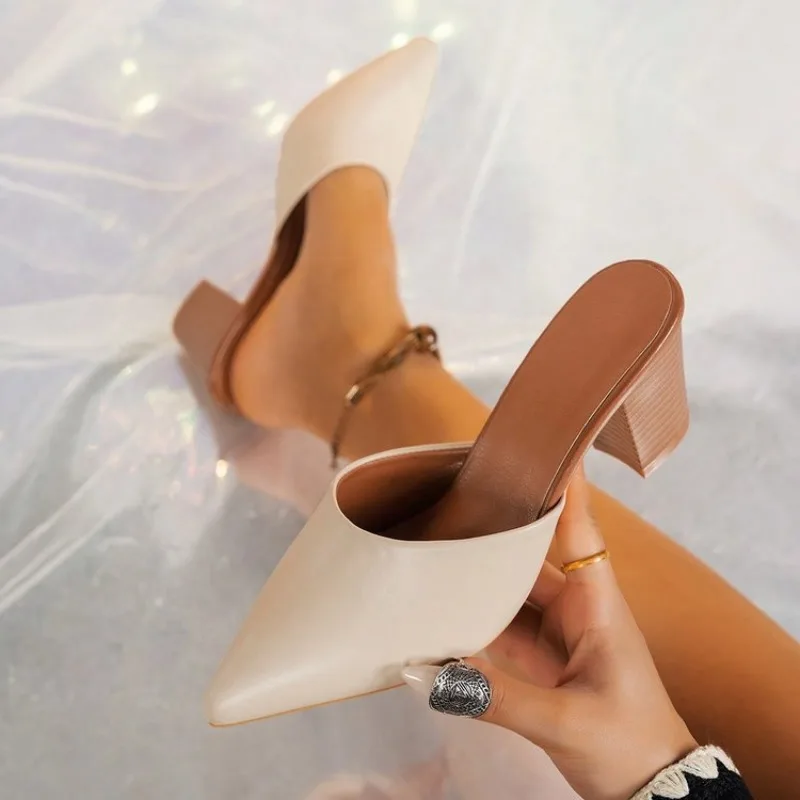 

2025 New Summer Concise Pointed Toe Women Slippers Fashion Thin Low Heels Party Pumps Mules Slide Shoes Plus Size 41 42