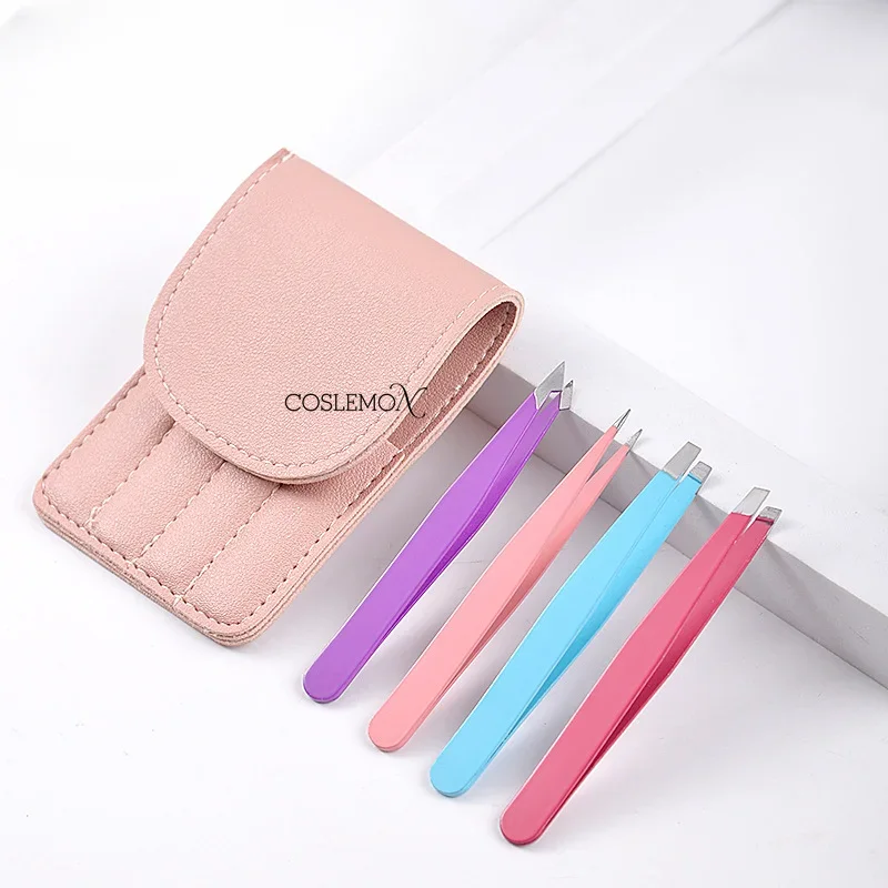 4pcs/set Eyebrow Tweezer with bag Colorful Hair Beauty Stainless Steel Slanted Multi-purpose Eye Brow Clips Removal Makeup Tools