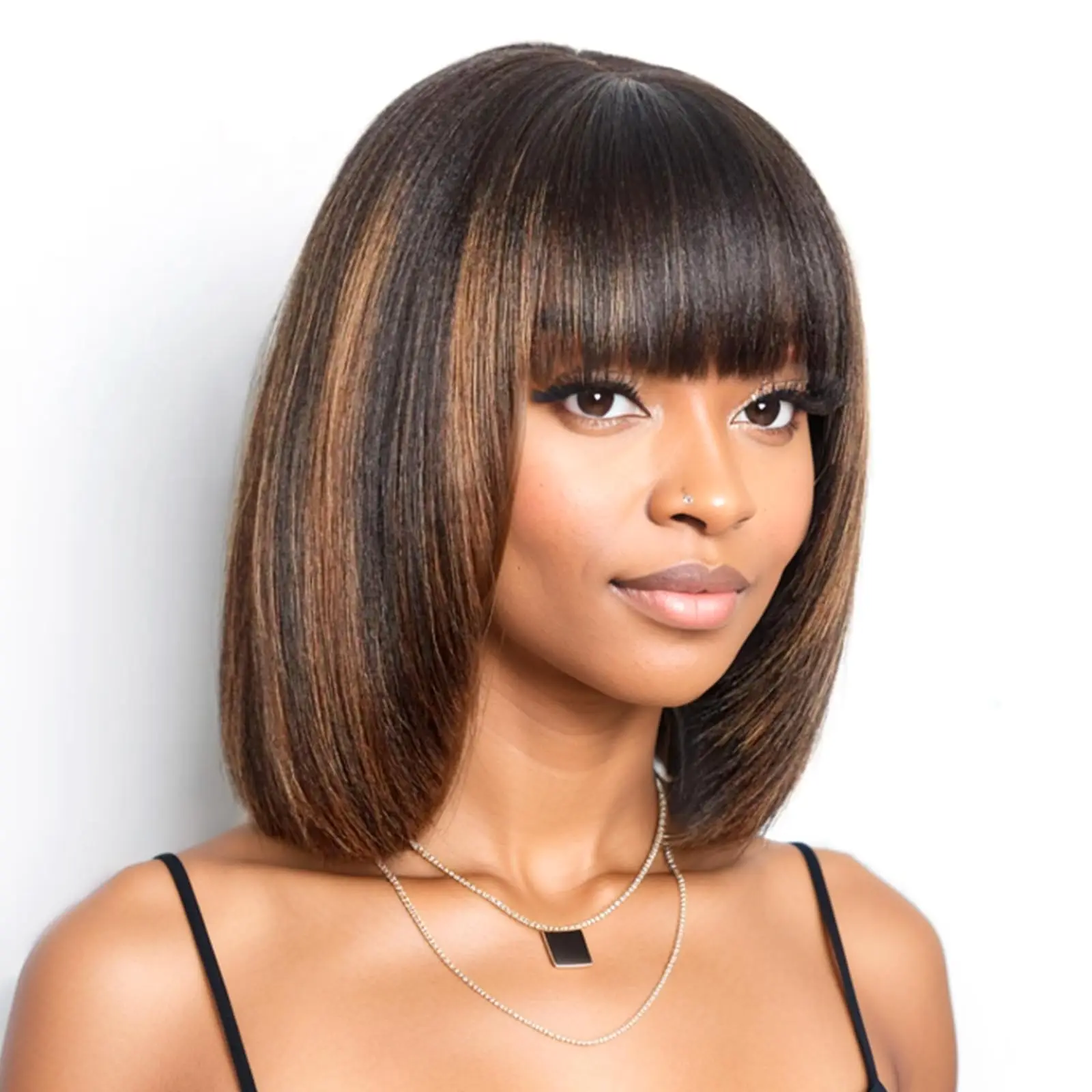 

Highlight Blonde Straight Bob Wig Human Hair With Bangs 2x1 Closure Lace Layered Cut Wig 180% Density Bob Bangs Short Wigs