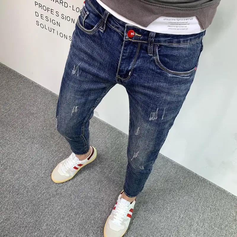 New Men's Slim Denim Jeans Casual Spring and Autumn Stretchy Skinny Pants Korean Style Trendy Cowboy Hip Hop Cropped Trousers