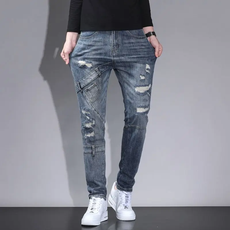 Autumn Fashion  New Vintage Scratched Splice Ripped Fashionable and Handsome 2023 Fashion Men's Jeans Slim Fit Pants