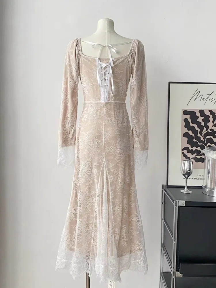 الخريف الأزهار الدانتيل ميدي المرأة فستان أنيق وأنيق Bodycon حفلة موسيقية فساتين الإناث خمر سليم ملابس السهرة جديد