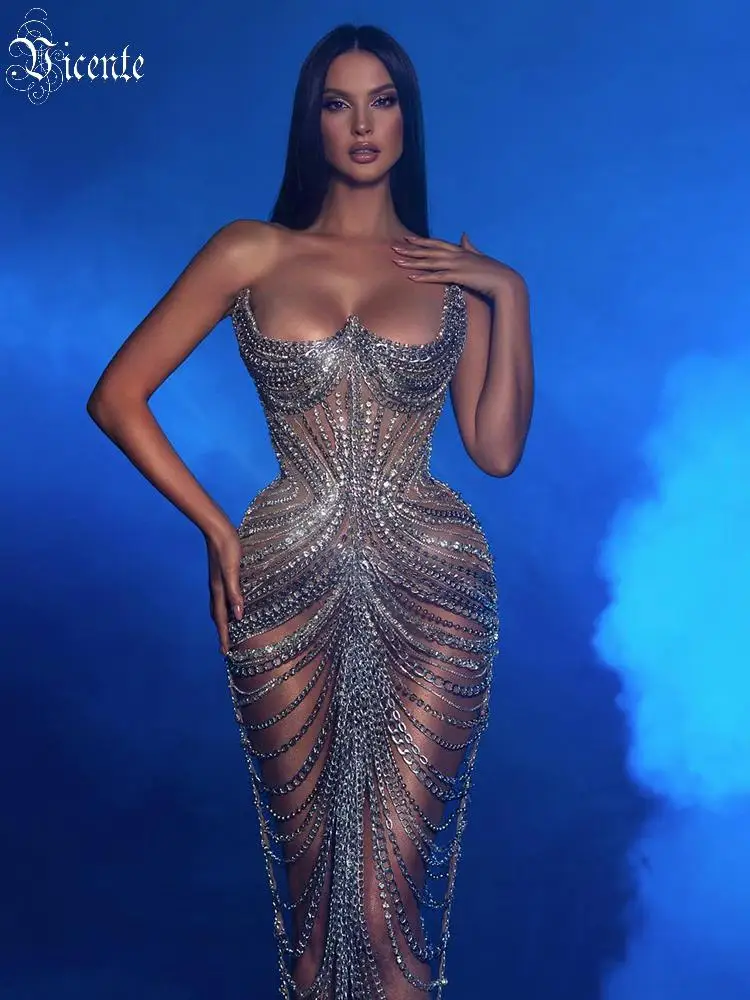 VC Avant-Garde Edge Metallic Chain - Embellished Strapless Backless Mini Dress for Party Gown