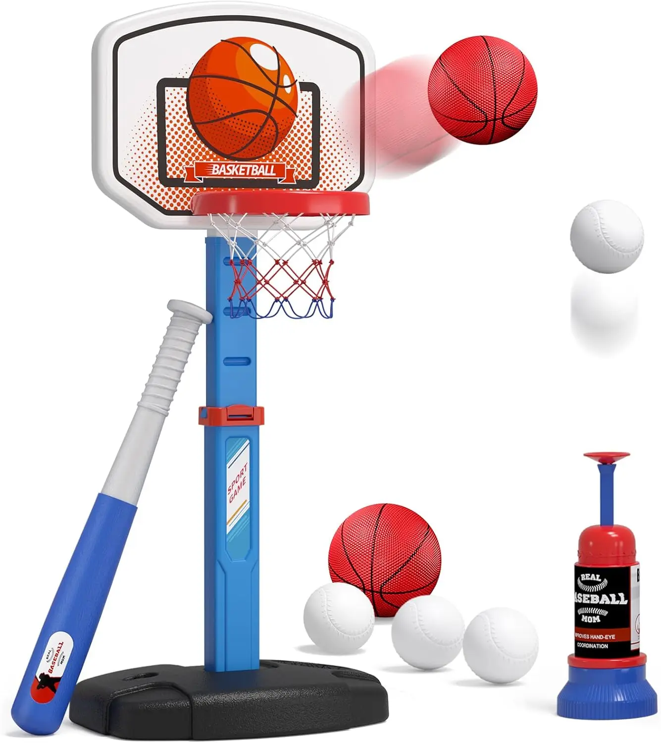 

2 in 1 Kids Basketball Hoop and T Ball Set, Adjustable Height Baseball Tee with Automatic Pitching Machine, Indoor Outdoor Sport