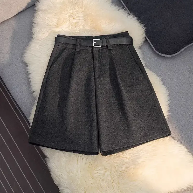 Short ample en laine pour femme, taille haute, jambes larges, cinq points, décontracté, à la mode, nouvelle collection automne hiver