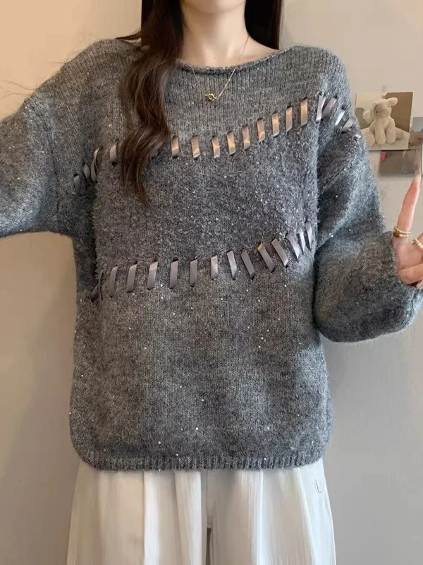 

iny ey Knitted Sweater Women's Large Size Lazy Sle Autumn Winter Faion Commute Loose Fit Comfortable Top Knot