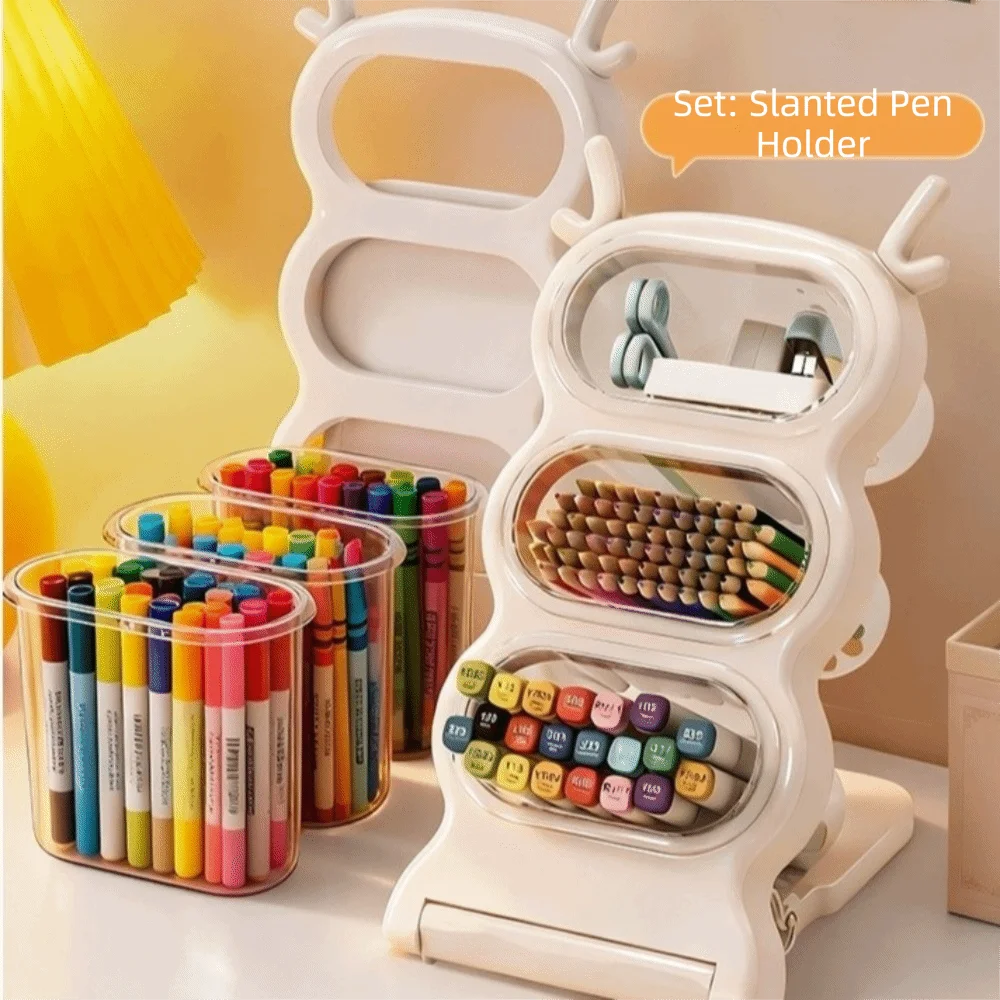 Large Capacity Desktop Storage Box Removable Folding Pencil Container Slanted Insert Partitioned Stationery Storage Box