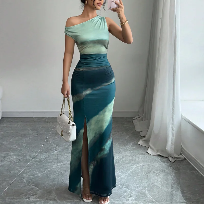 vintage tie-dye Sleeveless Suspender Dress Summer Female Beach Party tank Dress Women Fashion Slanted shoulder Slim Maxi Dresses