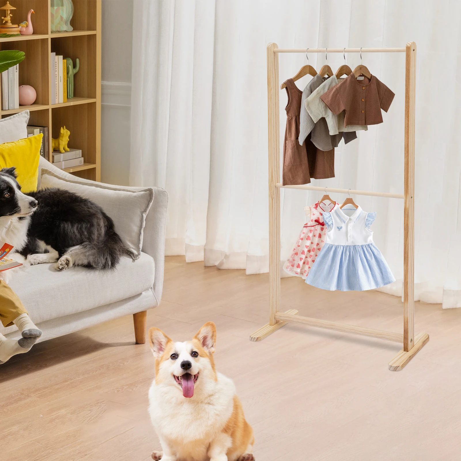 

2-Layer Solid Wood Pet Floor Hanger Small Clothes Storage Rack Detachable for Pet Stores Display & Storage, 22.24*9.45*43.31in