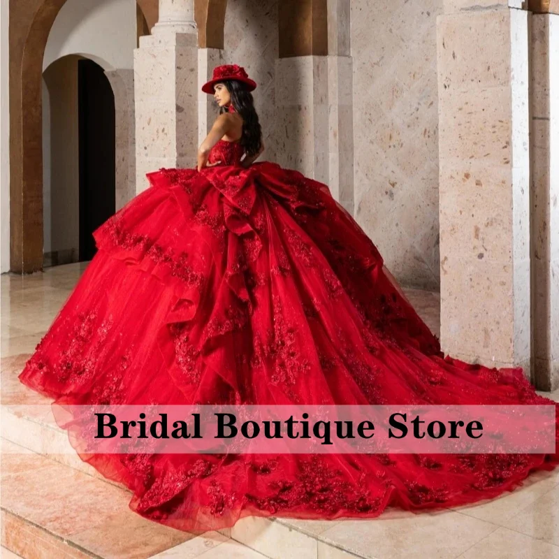 Vestidos de Quinceañera Rojos Brillantes, Vestido de Baile con Hombros Descubiertos, Apliques de Encaje, Cuentas de Cristal, Lazo, Tul, Corsé, Dulce y Personalizado