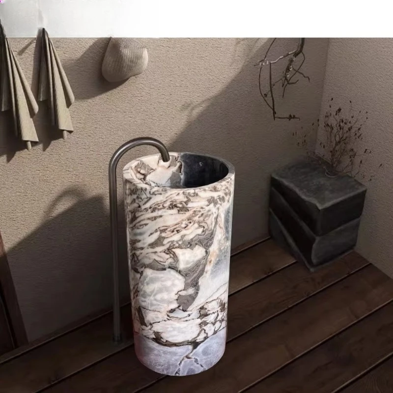 Elephant White Marble Art Bathroom Sink, Modern Round Polished Stone with Drainer for Hotel Villa Apartments