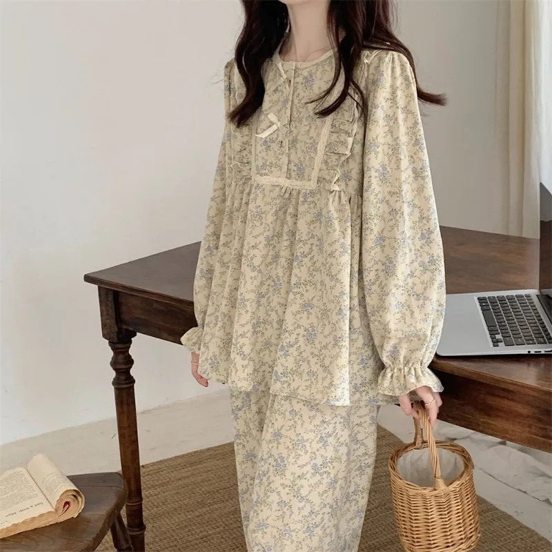 Set piyama untuk wanita, Set baju tidur renda motif bunga, setelan celana lengan panjang, pakaian malam O-neck gaya Korea musim gugur 2 potong