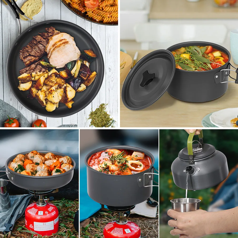 Camping Cookware Set Lightweight Portable Pan Kettle Cups Spoon Fork Cutter for Picnic Hiking Cookware Tourist Cookware Utensils