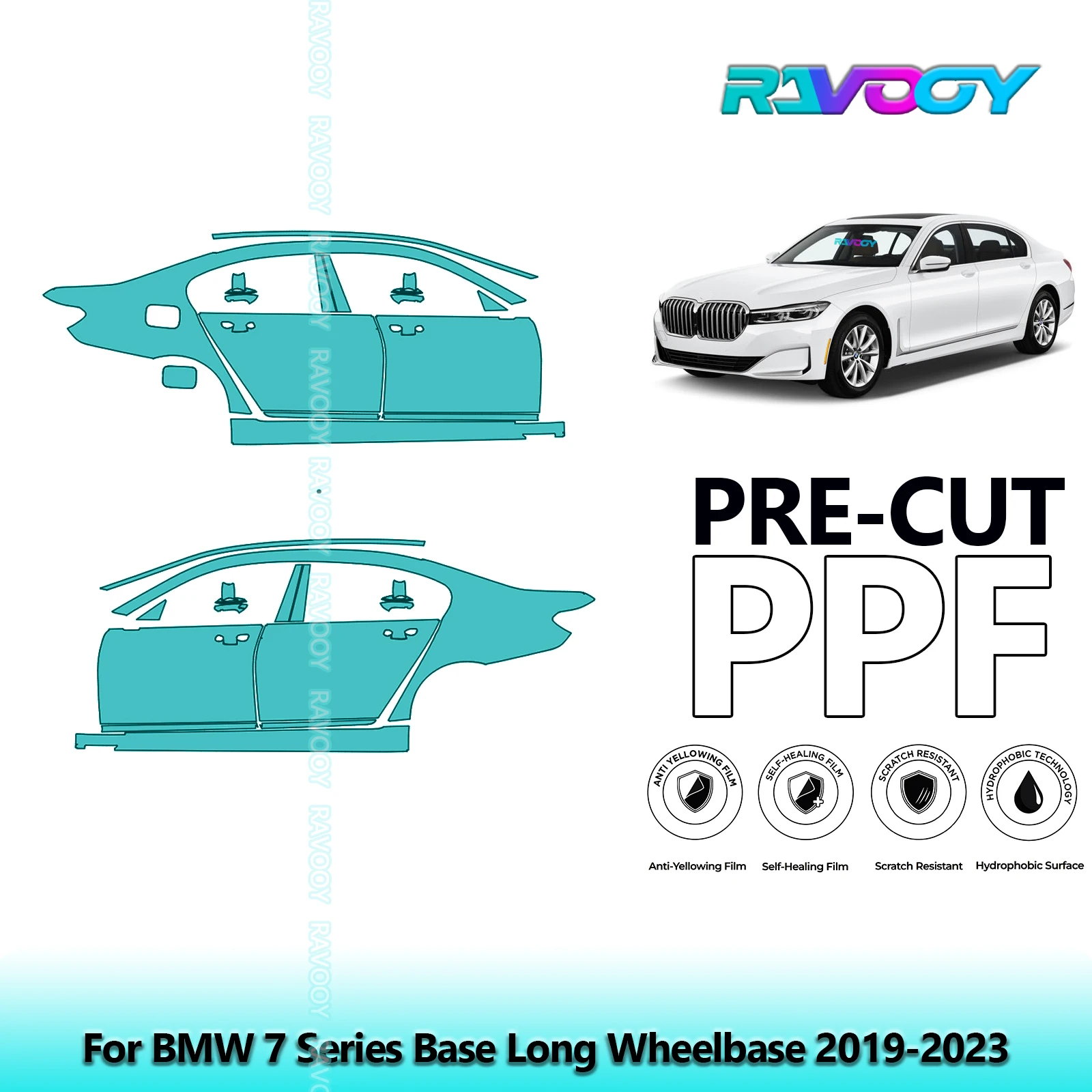 

For BMW 7 Series Base Long Wheelbase 2019-2023 8.5mil Pre-Cut PPF Door & A/B Pillar Kit TPU Paint Protection Film Set