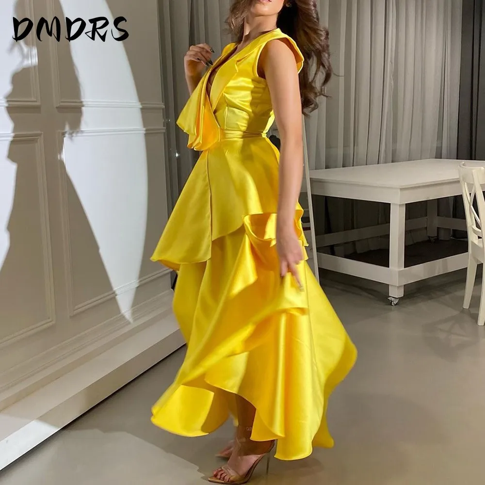 

Sexy V Neck Robe Des Cocktail Party Women Wear Prom Dresses Tiered Ruched Asymmetria Evening Dress Zipper Back Yellow Vestidos