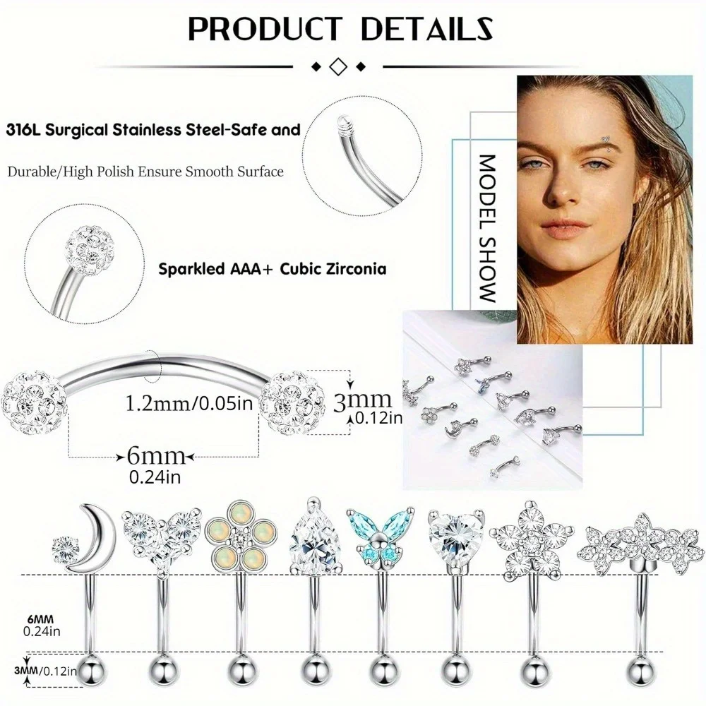 Florideco 1Pc Rook Eyebrow Studs Earrings for Women Men Surgical Steel Inlaid CZ Opal Belly Lip Ring Cartilage Piercing Jewelry