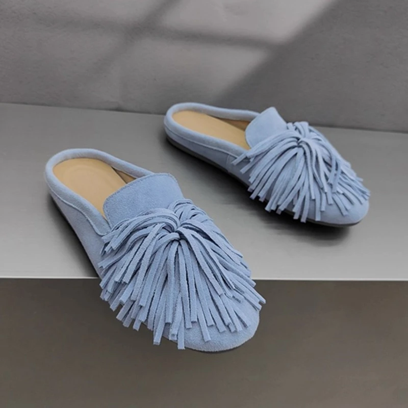 

AIYUQI Slippers For Women Genuine Leather 2025 New Flat Tassel Closed-Toe Shoes female Large Size Slip-On Shoes Women's Mules