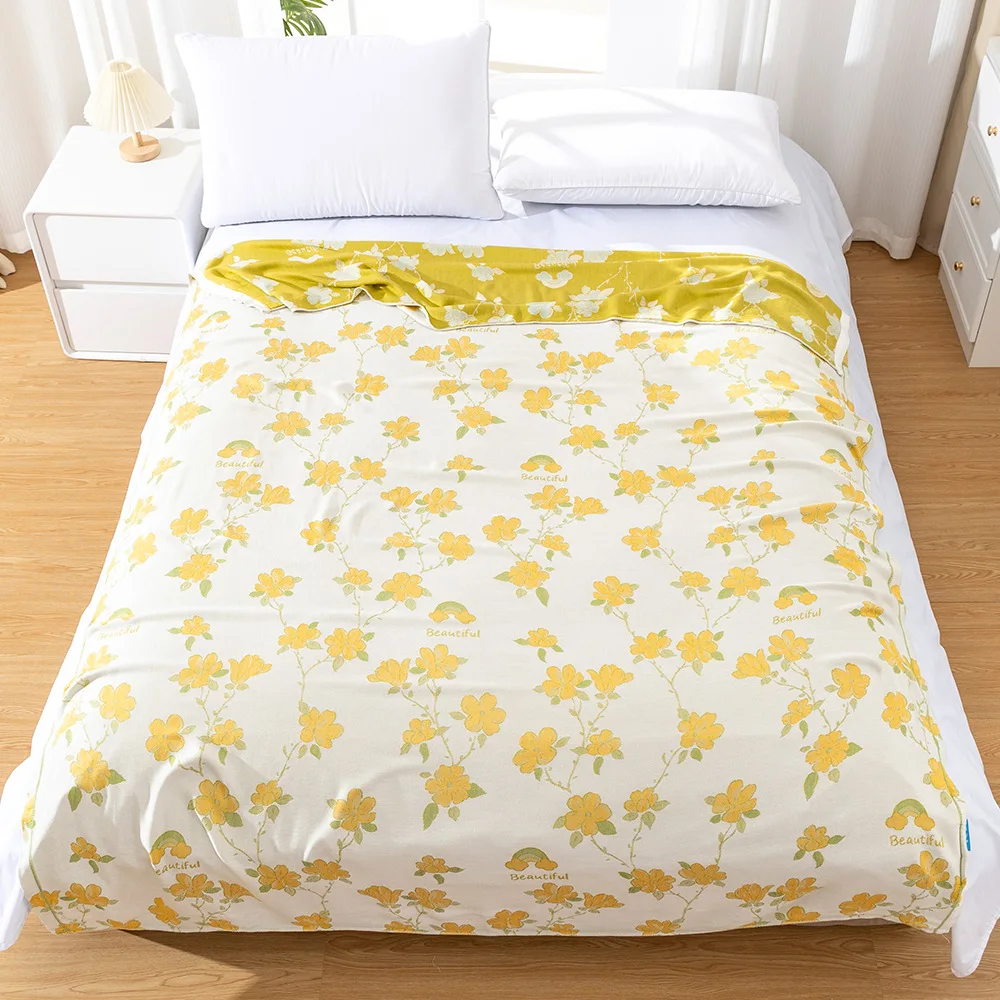 Summer Bamboo Fiber Cool Feeling Blanket Flower Printed Summer Quilt Air Conditioner Towel Blanket Aviation Thin Throw Blanket