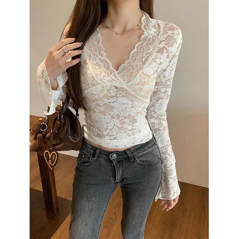 

Korean Camisetas Lace White Tshirt Ropa Mujer Sexy Lace T Shirts Women Clothing V-neck Long Sleeve Tunic Tees Crop Tops Fashion