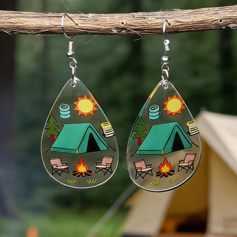 Outdoor camping tent acrylic water droplet earrings stainless steel anti allergic non fading ear hooks holiday travel jewelry