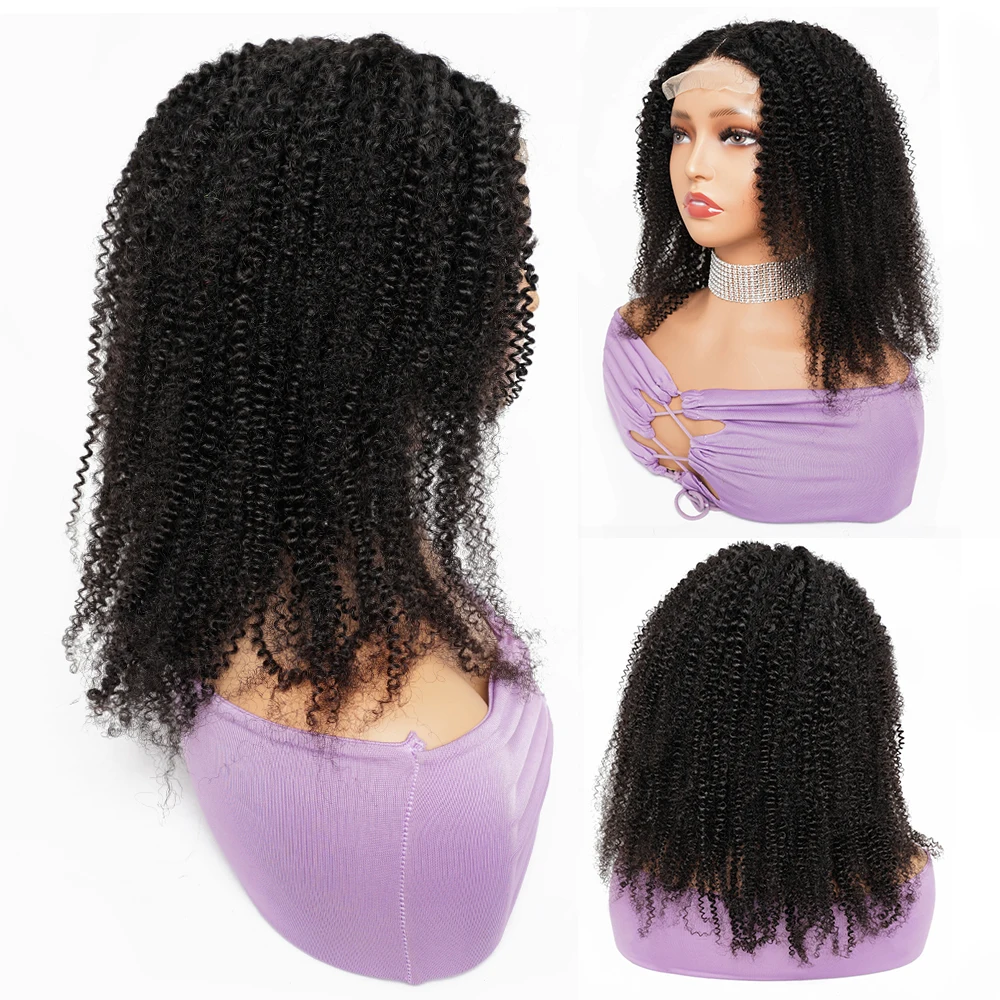 Perruque Lace Closure Wig naturelle Remy, cheveux crépus bouclés, 4x4, pre-plucked, transparent, partie libre, densité 180%