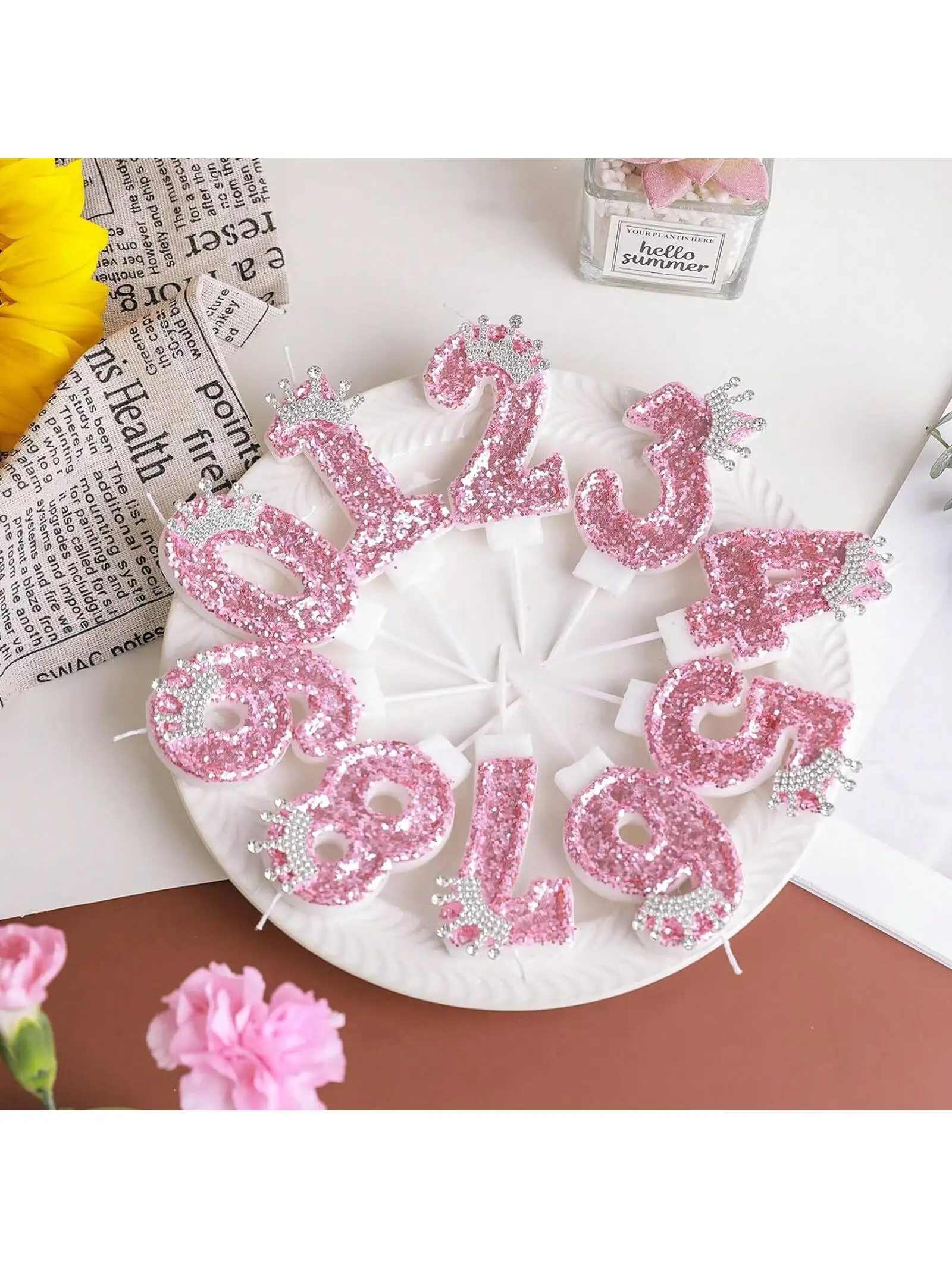 Cake Numeral Candles ，Birthday Candle  pink Colour Creative Candle Princess Crown Girl Happy Birthday Party Decoration