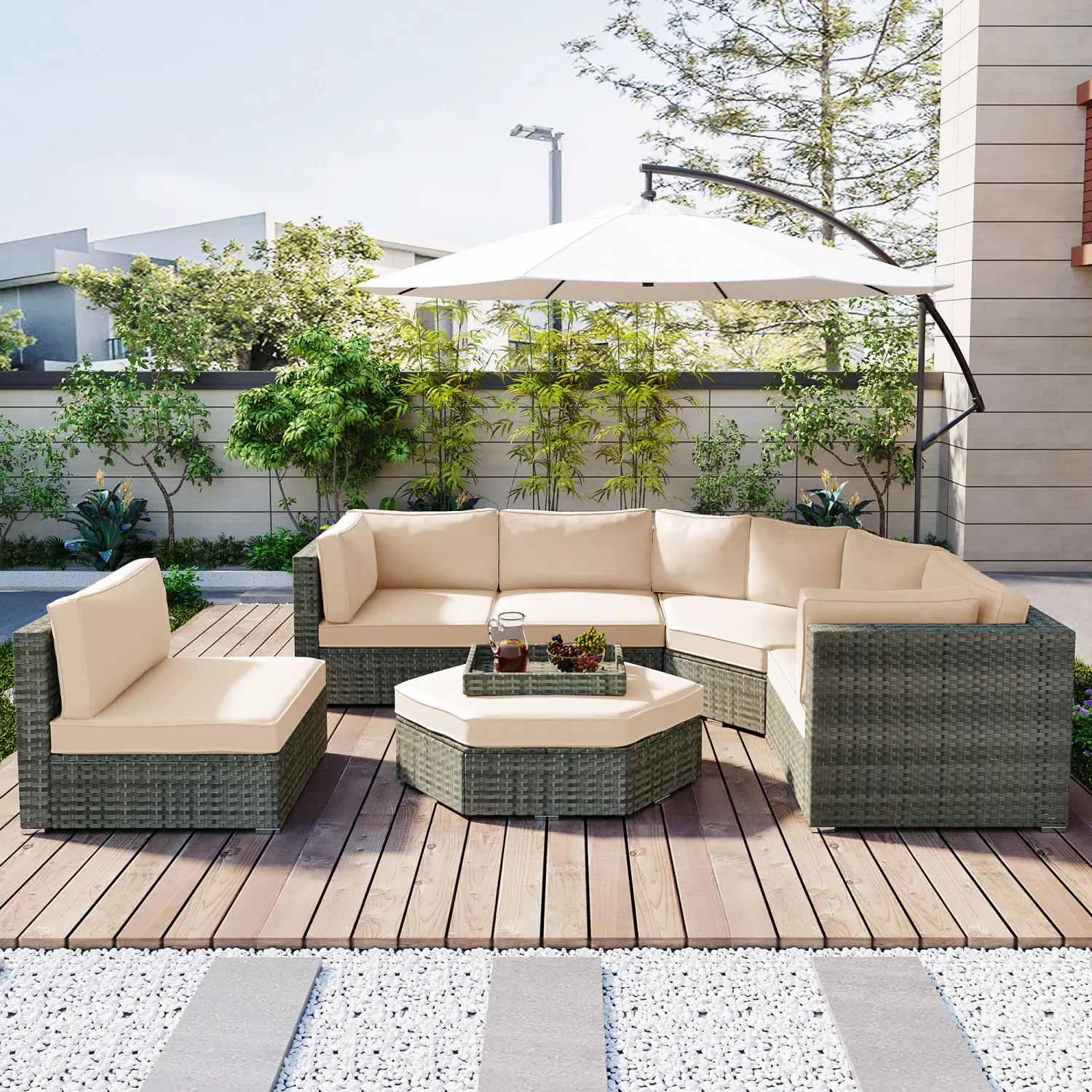 

U-Style Outdoor Furniture Set: 6-Piece Wicker Sectional Sofa with Ottoman, All-Weather Conversation Set, Cushions & Trays