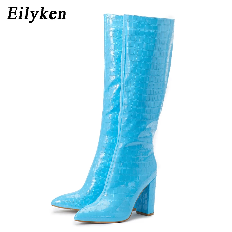 Eilyken Autumn Winter High Heel Women Knee High Serpentine Boots Designer Chunky Shoes Zipper Long Botas Mujer