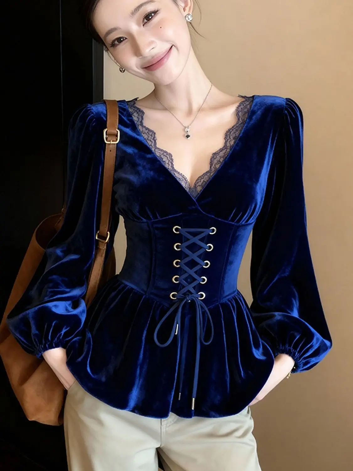 High Quality French Elegant Office Royal Blue Velvet Blouse with Lace Trim - Puff Sleeve Corset Top for Elegant Party/Date Night