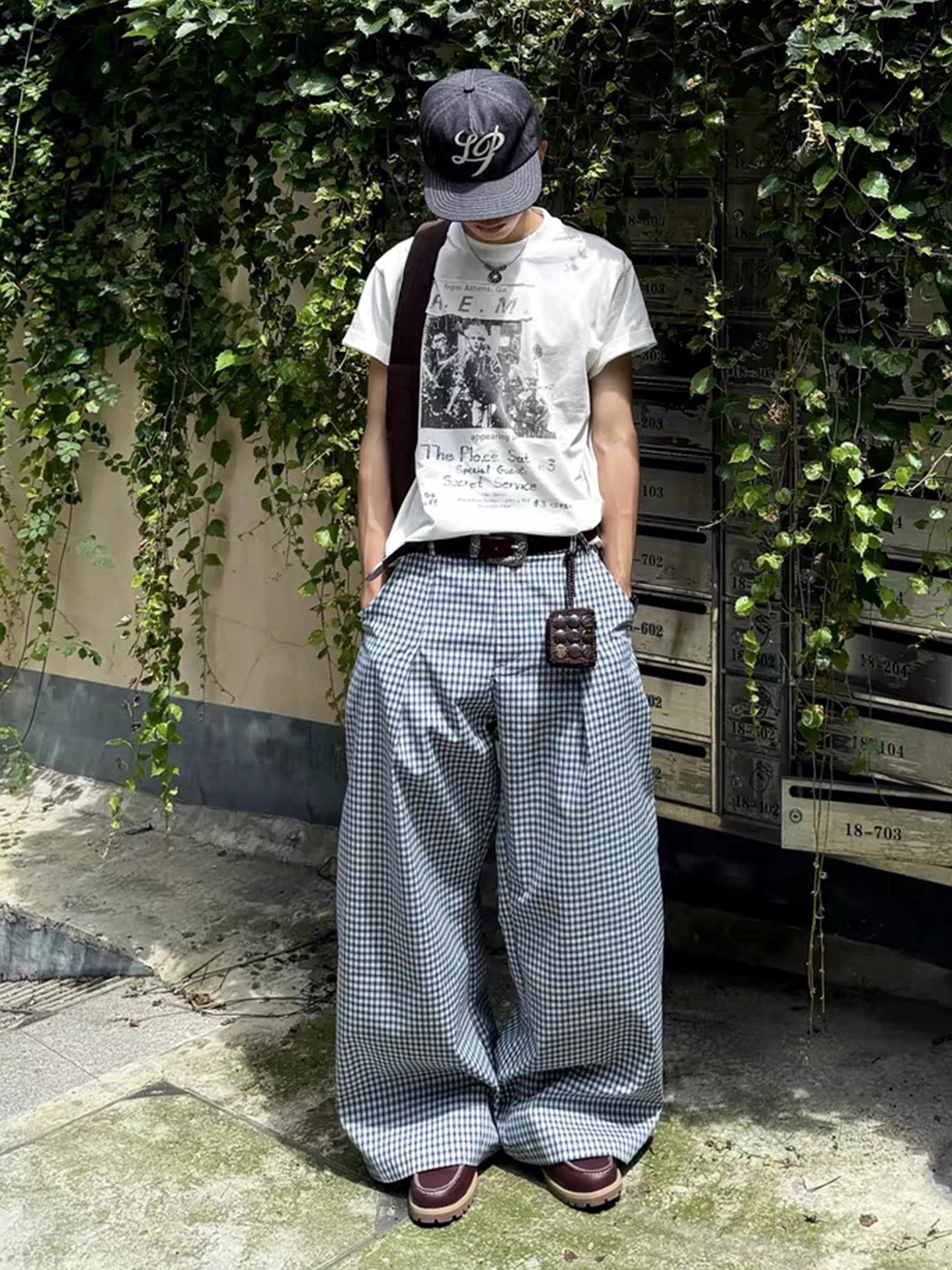 الأزرق منقوشة السراويل الرجال الصيف الأمريكية الرجعية فضفاض الشعور الرياضية ألف خط واسعة الساق Dra السراويل الطويلة #2