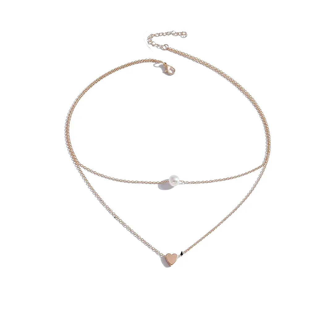 Nuevo collar de doble capa para mujer, gargantillas con colgante de corazón de cristal y perlas de imitación, collares para niñas, regalo bohemio, joyería barata