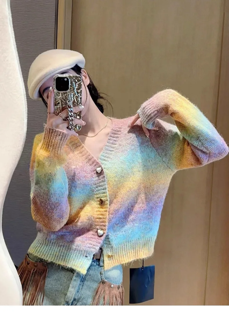 Korejpaa Gradient Candy Color Knitted Cardigan Women 2024 Autumn Winter Korean Style Sweater Jacket Knitwear Sueters De Mujer