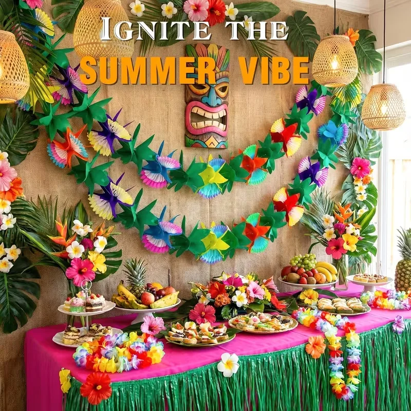 Hawaiian Luau Summer Tiki Bar Tropical Party Decor, Tropical Island Beach Supplies Tissue Colour Flower Garland Long Trop