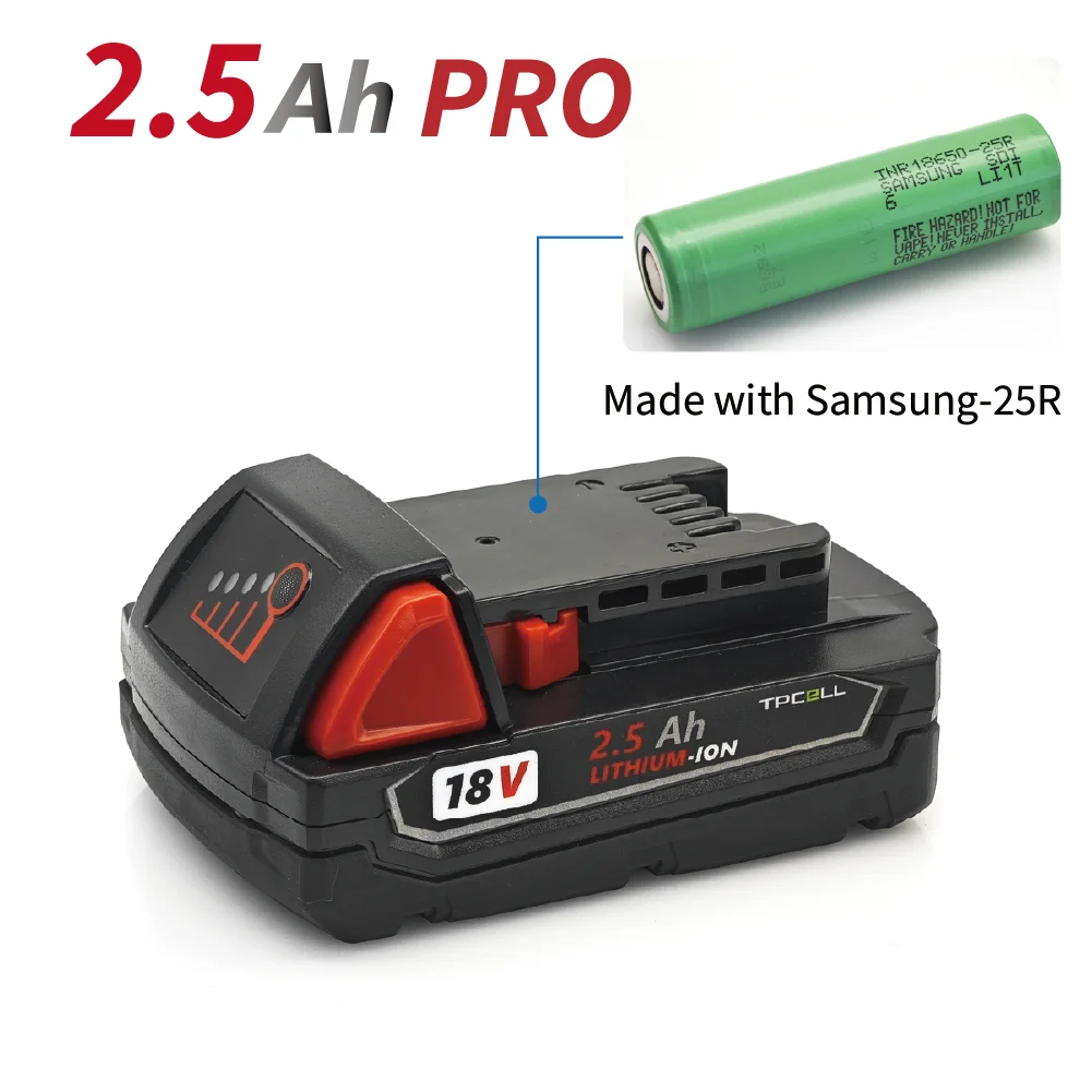 TPCELL 2.5Ah For Milwaukee M18 Batteries 18650 Rechargeable Lithium ION 18V Battery