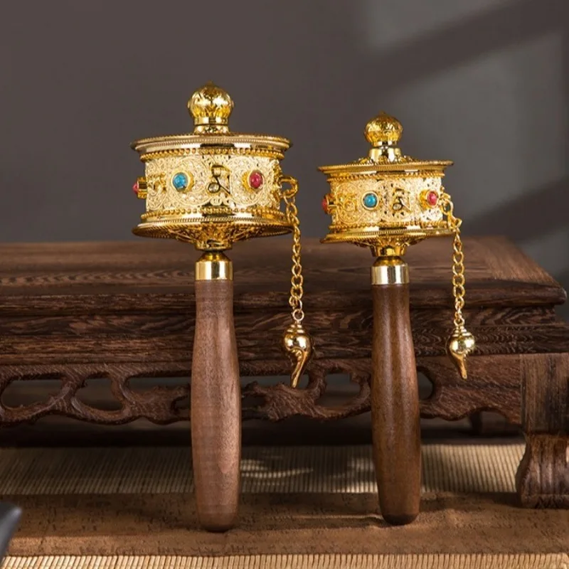 Tibetan Buddhist Handheld Prayer Wheel Base with Six Sacred Syllables Copper Handle Temple Decor