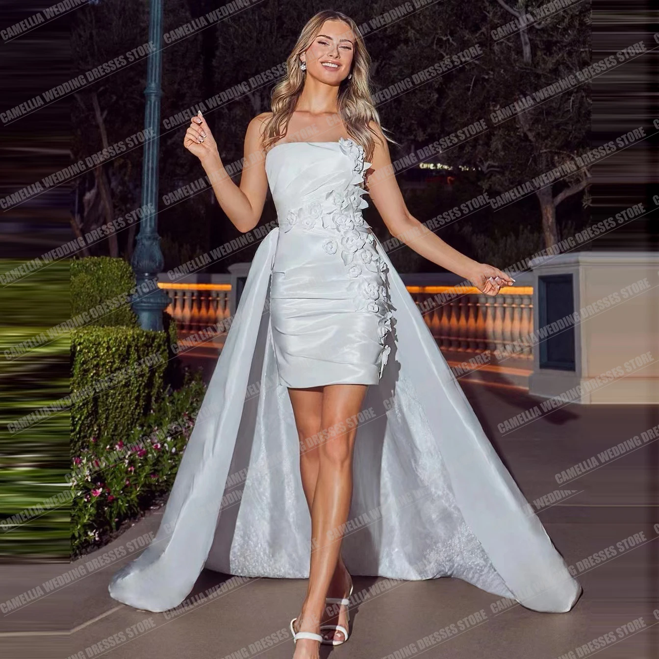 Luksusowe eleganckie suknie ślubne z linii syrenka Sexy 2 w 1 kwiat 3D do kolan formalne suknie dla panny młodej Vestidos De Novia