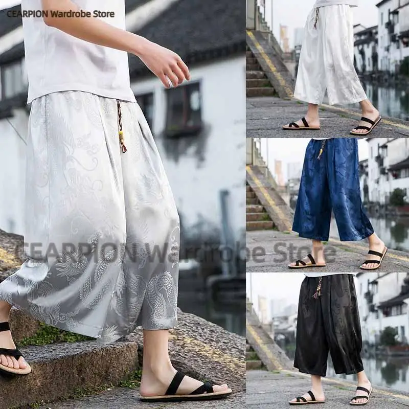 

Summer Men's Ice Silk Loose Capri Pants Chinese Loong Print Casual Wide Leg Pants Plus Size Vintage Straight Tube Trousers