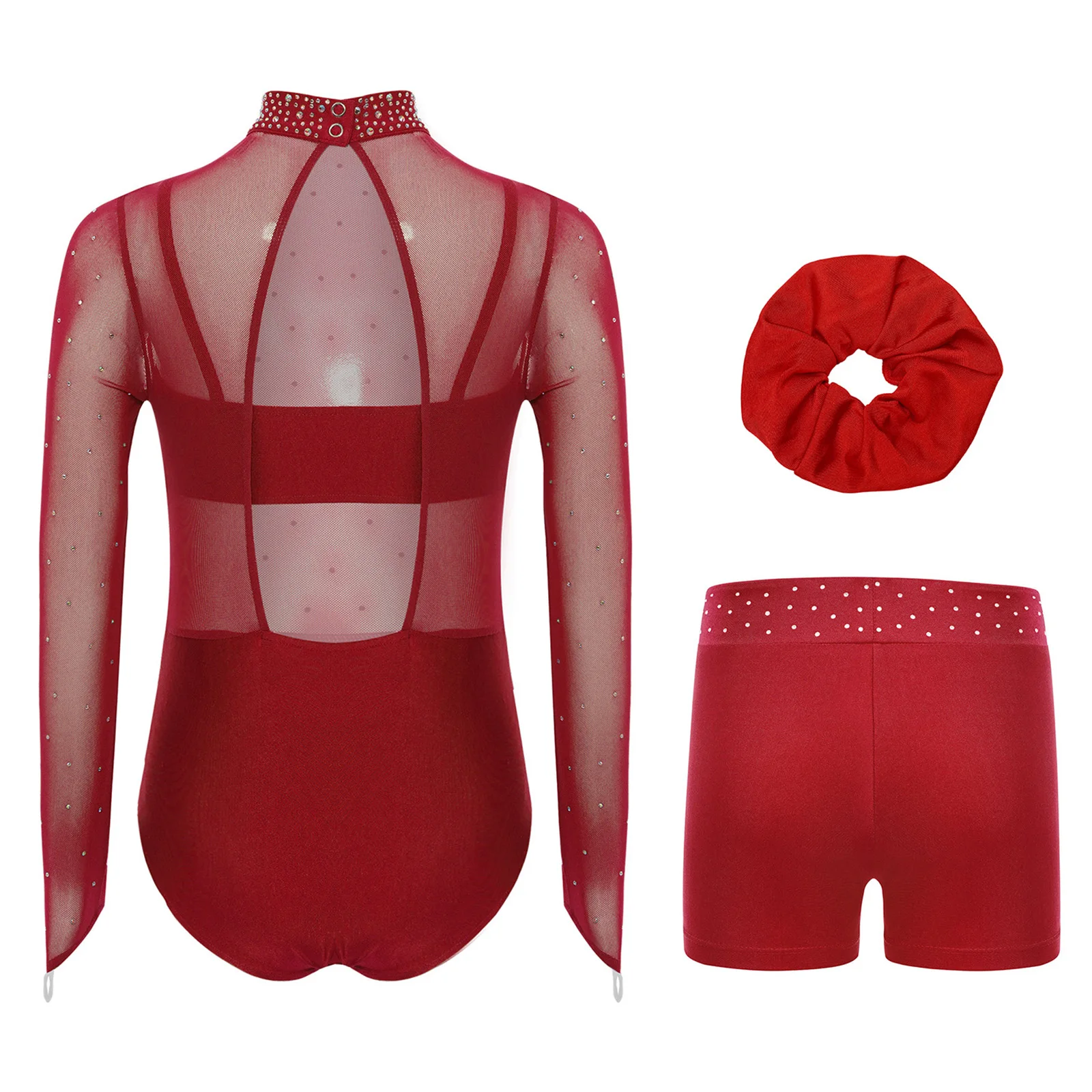 Bambini Ragazze Ballerina Pattinaggio su ghiaccio Abiti per spettacoli di danza Strass lucidi Corpetto in rete trasparente Body + Pantaloncini a canotta + Fascia per capelli