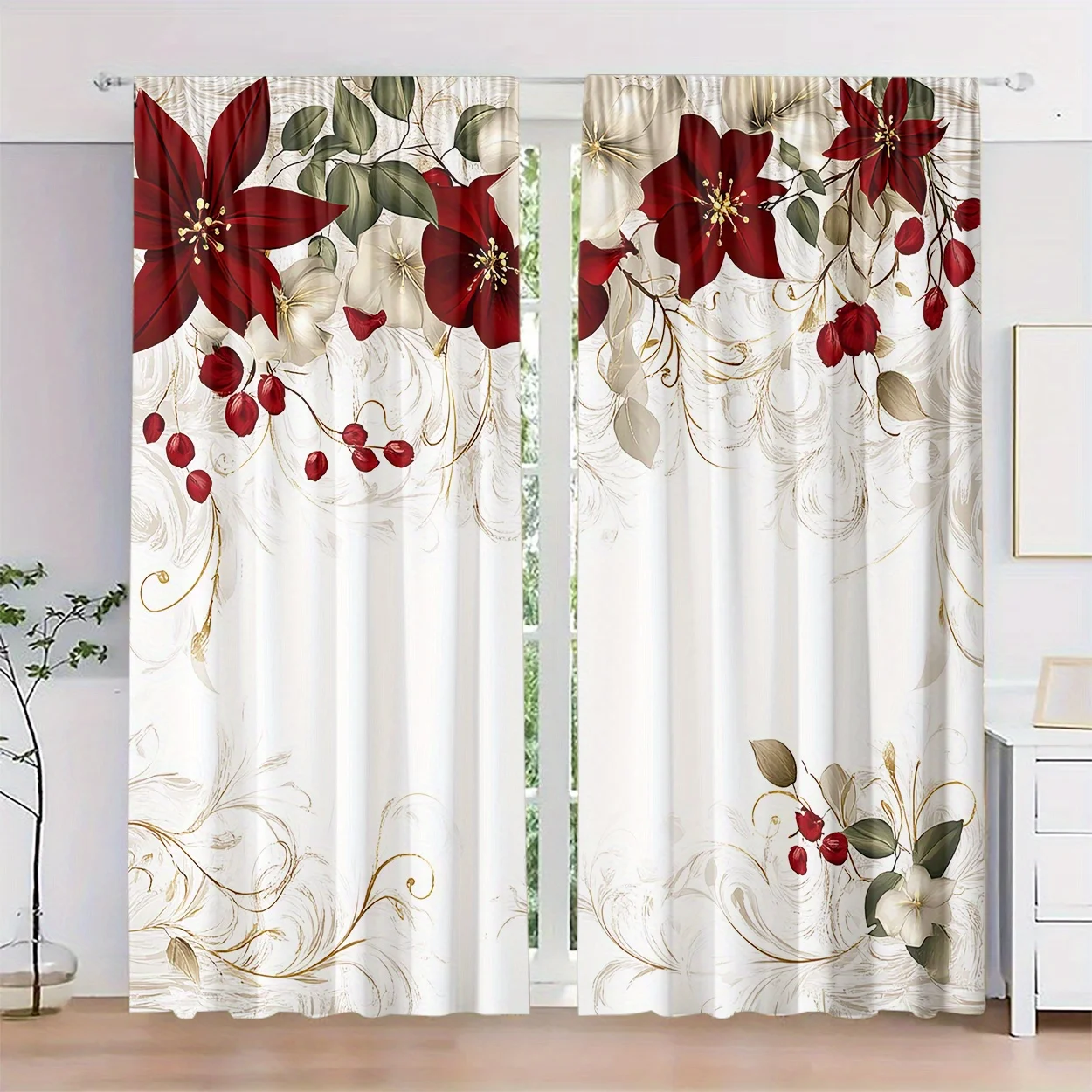 2pc Artistic floral print pattern curtains, polyester fabric, machine washable, suitable for bedroom living room decoration