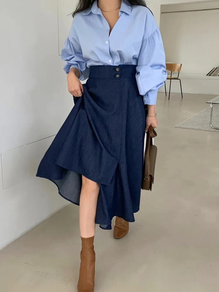 

Spring Faion Long Sve irt And Lantern Sve f Skirt Set Women's Collared College Sle Outfit High Waist Asymmetrical