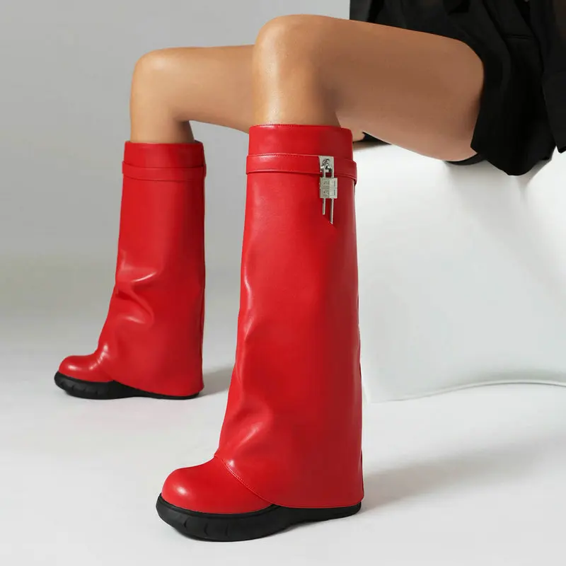 2024 Vulcanized Shoes Fashion Shark Lock White Platform Women's Knee High Boots Knight Trouser Boots
