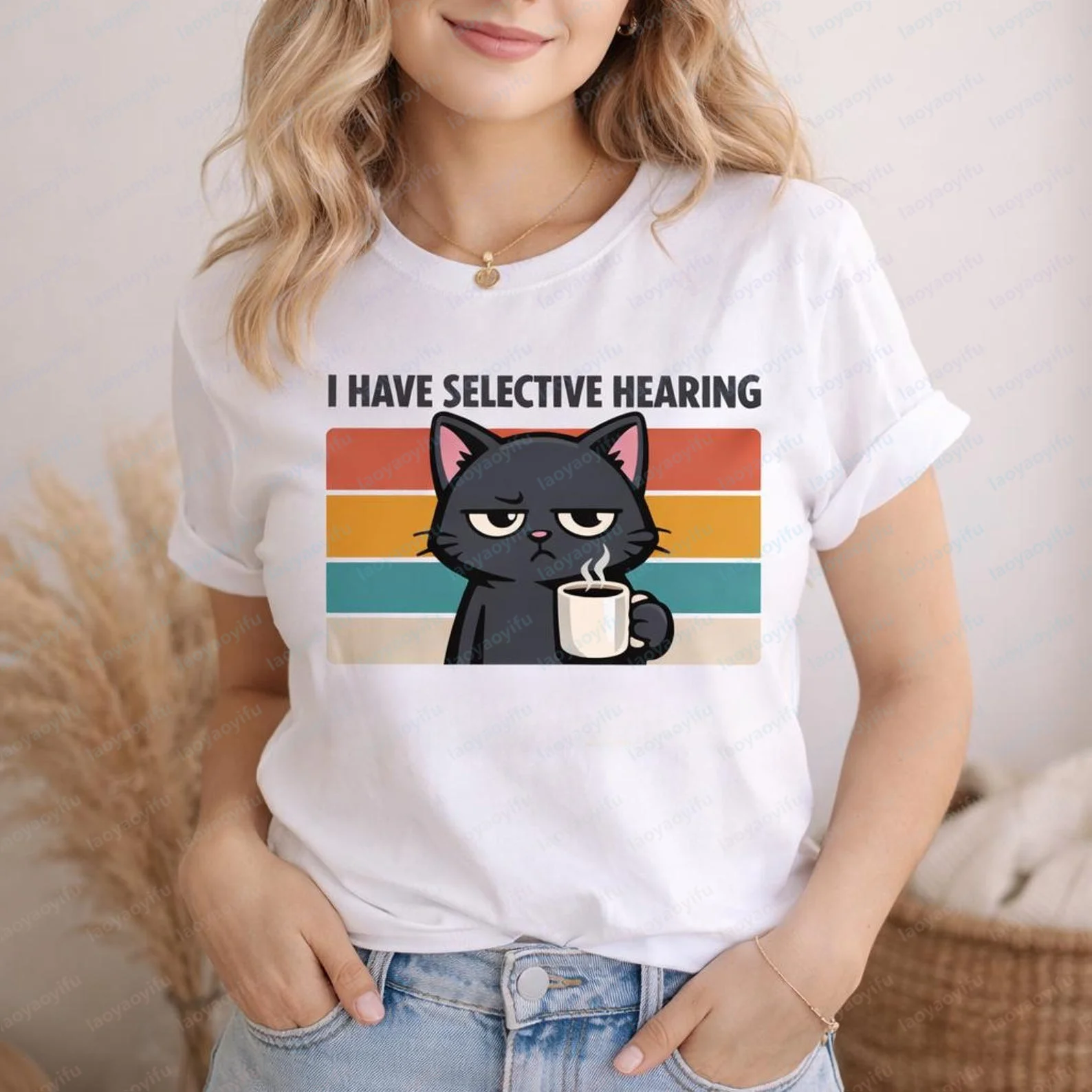 Funny Cat Graphic I Have Selective Hearing T-Shirt Casual Fashion Loose Harajuku Humor Cartoon Tshirt Summer Short Sleeve Tees