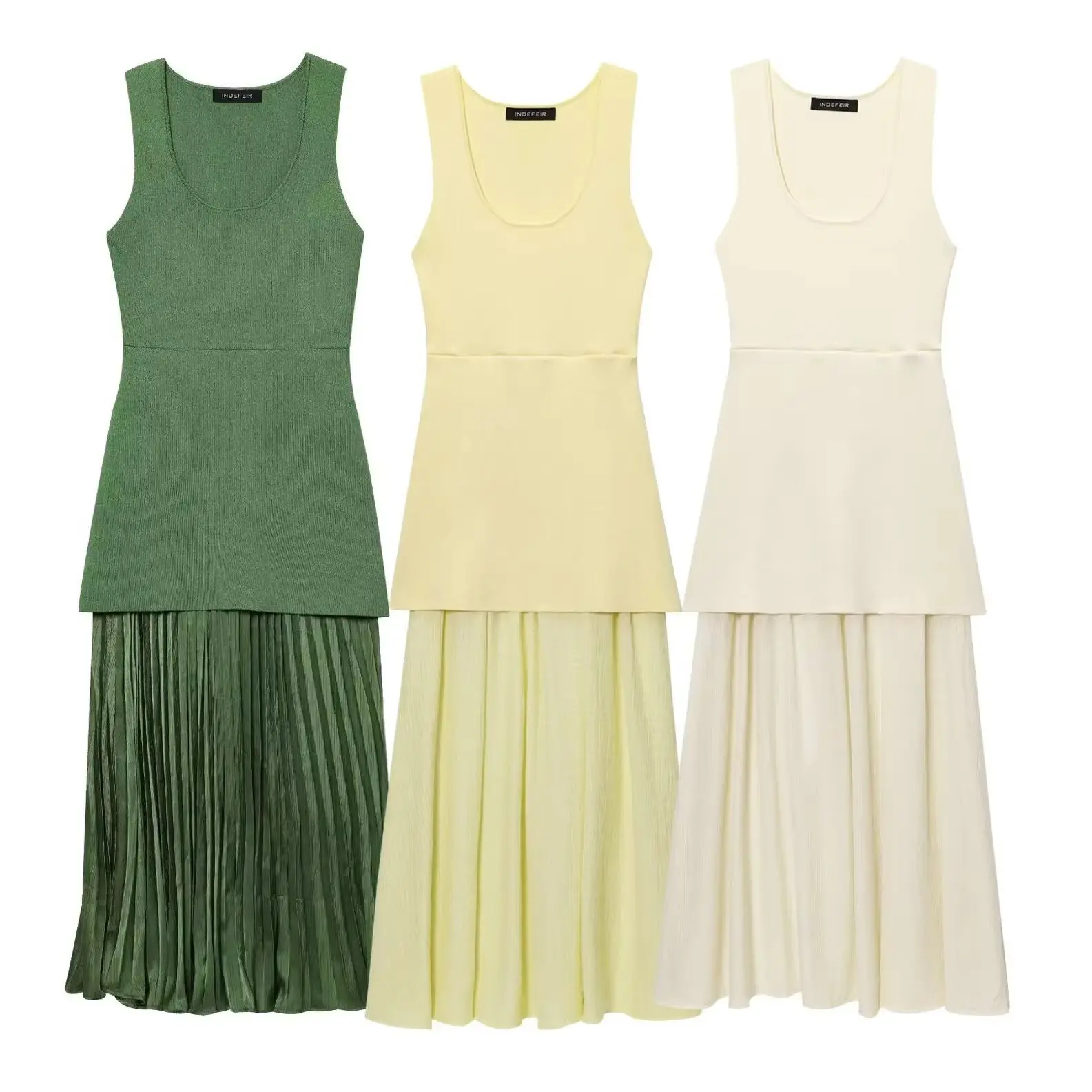 KONDALA Chic Elegant Solid Knit Women Patchwork Dress Long Sleeveless Slim Dress Fashion 2025 Summer Draped Women's Vestidos