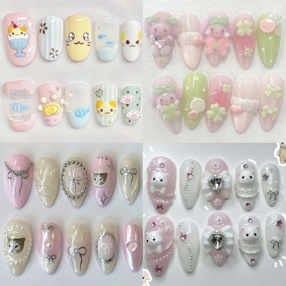 

Sweet Lovely 3D Cartoon Almond Handmade Nail Party Sticker Cute Cat Rabbit Bowknot Diamond Four-Leaf Clover Pearl Press On Nail