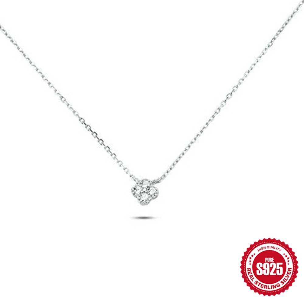 CANNER Real 925 Sterling Silver Diamond Turquoise Flower Pendant Necklaces Chain for Women Wedding Jewelry Gifts Collares Choker