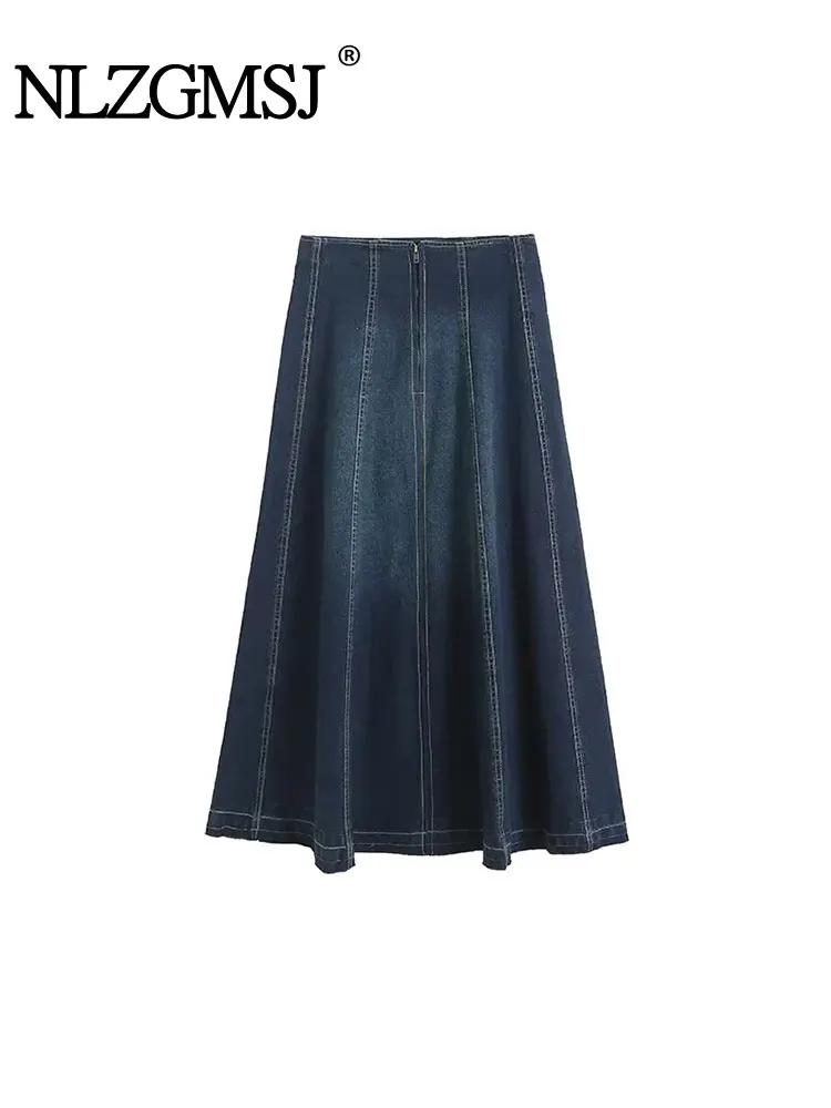 

Nlzgmsj TRAF 2023 Women Raw Edge Denim A-line Midi Long Skirts Vintage High Waist Spring Autumn Causal Elegant Slim Skirts