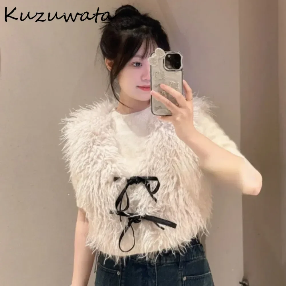 Kuzuwata Vintage French Style Fur Fluffy Vest Lace Up Elegant Minority Feminine Office Lady Jacket Japan Sweet Moda Fresh Coat