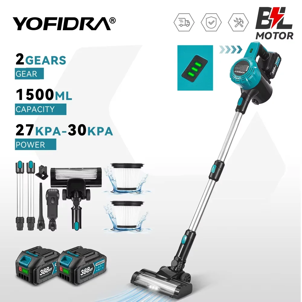 YOFIDRA 1800W 30KPa Mocny Bezprzewodowy Odkurzacz Ręczny z Lampką LED Narzędzia do Czyszczenia Domowego Kompatybilny z Akumulatorem Makita 18V